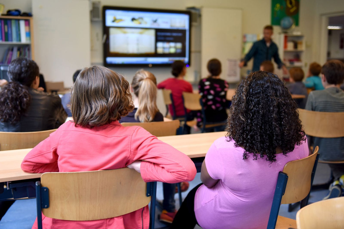 Classroom with pupils facing a teacher at a smart board