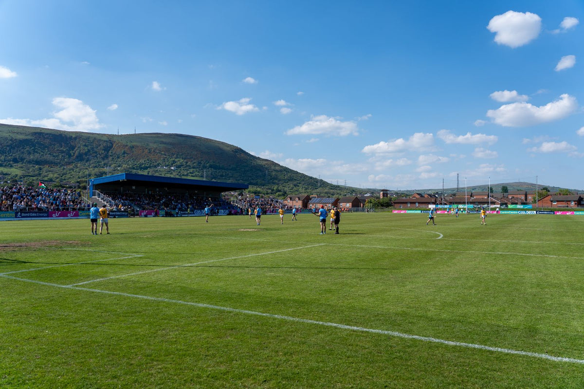 Gaelic football match on a sunny day in Ireland